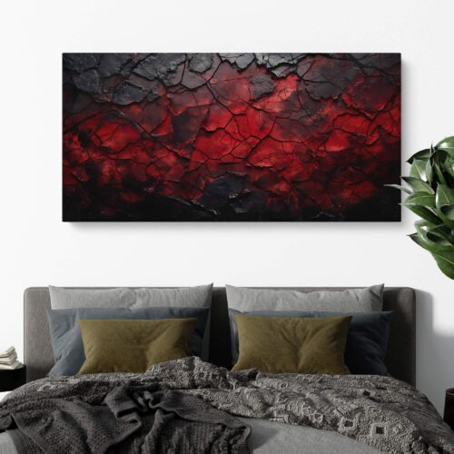 Inferno Cracks Abstract Painting on Canvas Print, Dark Moody Red Canvas Wall Art Print, High Contrast Rock Texture Art