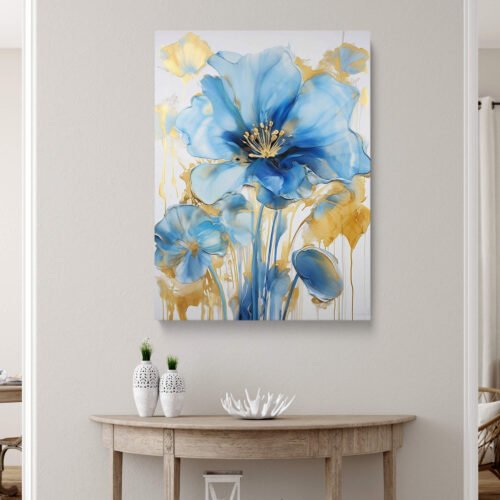 Fluid Cobalt Flower Art Print, Gold Metallic Drip Watercolour on Canvas Print, Vibrant Blue Bloom Modern Decor, Modern Abstract Flower Wall Art