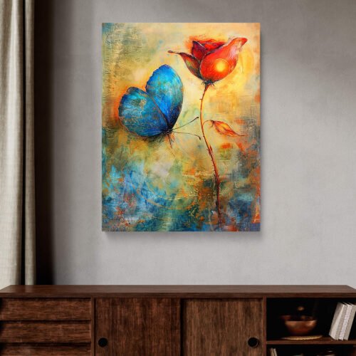 Mixed Impasto - Vibrant Blue and Orange Abstract Painting on Canvas Print, Butterfly and Rose Wall Decor, Warm Textured Floral Print