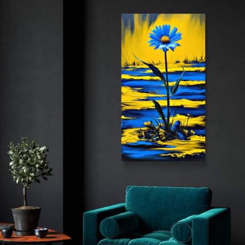 Bold Yellow and Blue Floral Canvas Print, Single Flower Textured Wall Art, High Contrast Pop Art Bloom