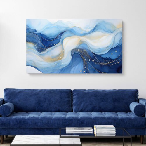 Coastal Blue Marble Flow Canvas Art Print, White and Indigo Abstract Art on Canvas Print, Gold Shimmer Mineral Decor