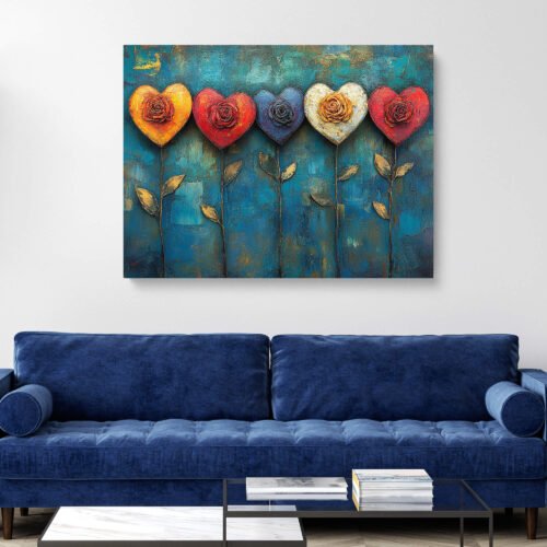 Heart Flower Canvas Print - Colourful Rose Bouquet Art, Abstract Love and Romance Wall Decor, Gift for Anniversary or Valentine's