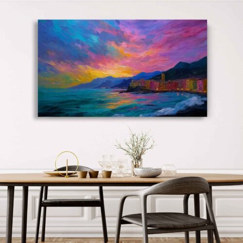 Cinque Terre Sunset Canvas Wall Art - Dramatic Mediterranean Coastline Art, Colourful Italian Village Artwork for Wall Decor