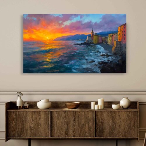 Fiery Sky - Italian Coastal Town Sunset on Canvas Print, Vibrant Mediterranean Seascape Painting, Impasto Cityscape Wall Art