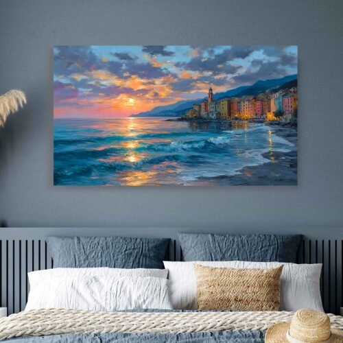 Pastel Sunset Ocean View Canvas Art, Soft Glow Coastal Village Painting, Dreamy European Seashore Canvas Wall Art