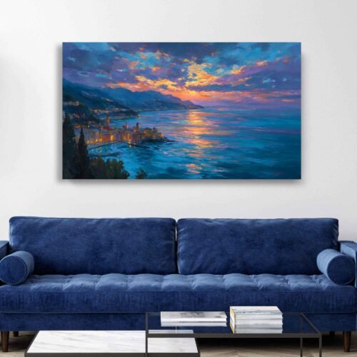 Coastal Town on Canvas Print, Elegant Mediterranean Wall Decor, Nightfall Italian Riviera Painting Reproduction, Wide Wall Art Prints