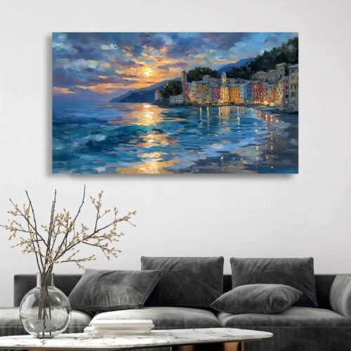 Glowing Seascape at Night Canvas Art, Romantic Ocean Village Art, Charming Seascape Wall Art, Coastal Scene Painting Reproduction