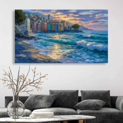 Sunny Seaside Town Canvas Art Print, Active Ocean Waves Painting Reproduction, Colourful European Coastal Framed Wall Decor Print
