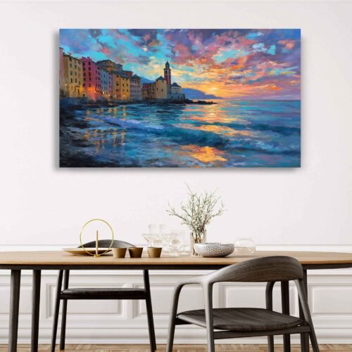 Mediterranean Sunset Coastal Town Canvas Print - Italian Seascape Wall Art, Dusk Ocean Waves Framed Wall Decor