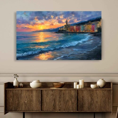 Camogli Italy Sunset Canvas Print | Coastal Town Seascape Wall Art | Vibrant Mediterranean Village Painting Reproduction
