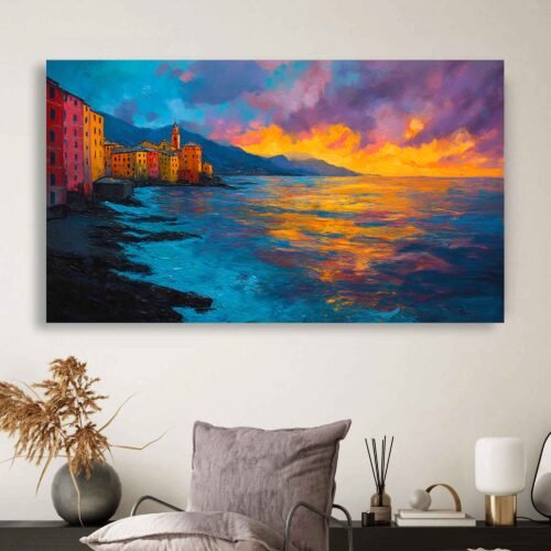 Fiery Sunset Over Italian Riviera Canvas Art, Dramatic Coastal Town Artwork, Colorful European Seascape Framed Wall Decor