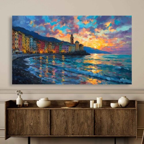Seashore Sunset - Colourful Impasto Sunset Canvas Print, Vibrant Italian Coastal Town Painting, Textured Seascape Wall Art