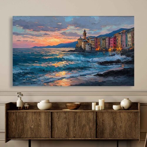Sunset Seascape - Sunset Coastal Scene Canvas Print, Textured Ocean Waves Wall Art, Evening Village Wall Decor on Framed Canvas Art