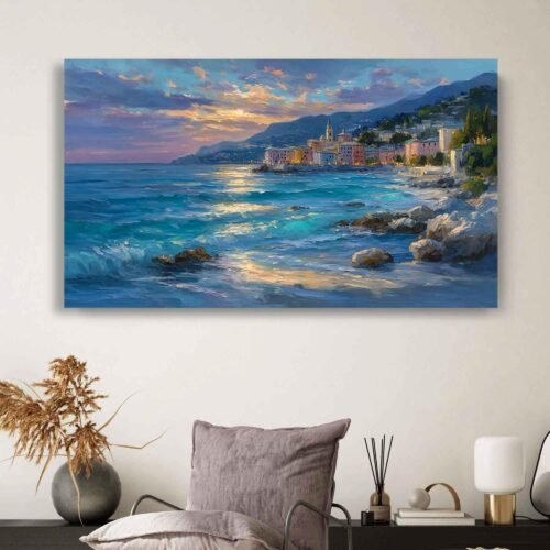 Italian Riviera Seascape Canvas Print - Coastal Town Sunset Wall Art, Mediterranean Ocean View, Giclée Home Decor, Ready to Hang Wall Art