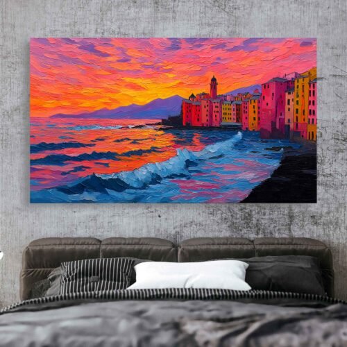 Dramatic Sunset Coastal Art Print, Textured Ocean Waves Canvas Print, European Townscape Wall Art Print