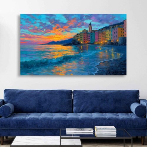 Camogli Sunset - Coastal Scene Artwork, Canvas Print Textured Beach Waves Reflections, Evening Village Framed Wall Art Print
