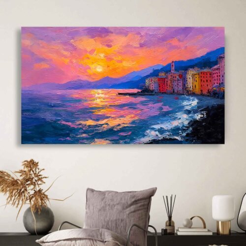 Coastal Sunset Vibrant Art Print, Textured Ocean Waves Canvas Print, European Townscape Framed Wall Art Print