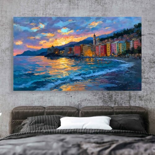 Coastal Waves - Impressionist Mediterranean Canvas Print, Coastal City Reflections Wall Art, Charming European Town Canvas Artwork