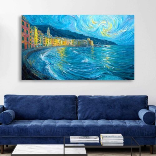 Swirling Sky Italian Village Art Print, Vibrant Blue Ocean Artwork, Impressionist Coastal Town Canvas Print