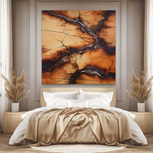 Abstract Earth Crack Square Canvas Print, Geode Style Wall Art, Rust Orange & Black River Design Decor