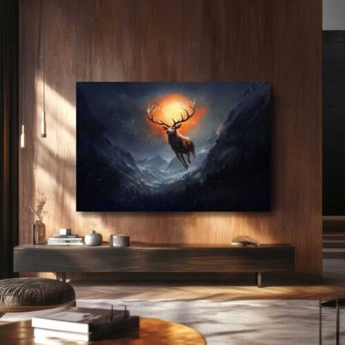 Leaping Stag & Glowing Sun Canvas Print – Mystical Winter Mountain Wildlife Wall Art