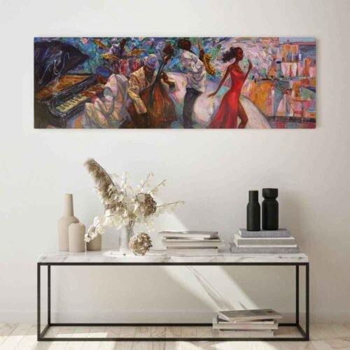 Traditional Jazz Art - Jazz Club Canvas Art Print, Vibrant Music Scene Canvas, Saxophone Player and Singer Wall Art, Colourful Jazz Painting Print