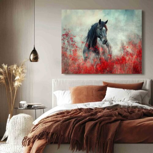 Majestic Black Stallion in Red Floral Field Canvas Print – Equestrian Wall Art