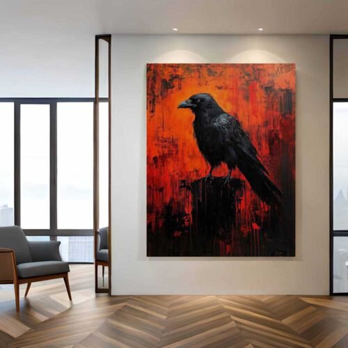 Gothic Black Raven Canvas Print - Dark Moody Bird on Fiery Background