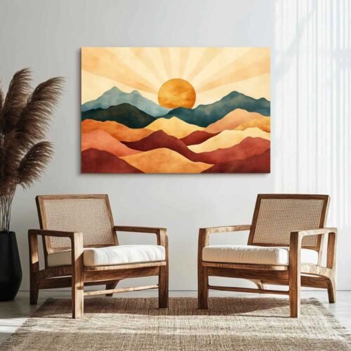 Mid-Century Modern Sunrise Art - Terracotta, Teal & Mustard Earth Tone Canvas Print