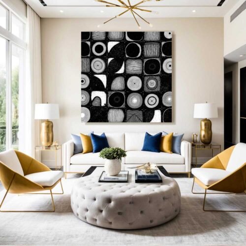 Tribal Linocut Style Abstract Art – Textured Black & White Block Print Design, Square Canvas Print