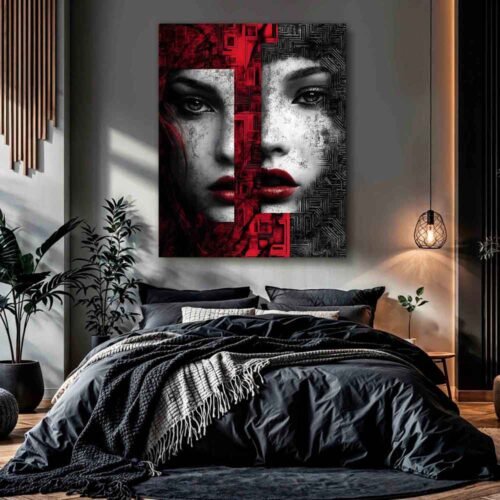 Abstract Fragmented Face Canvas Print – Red & Black Grunge Geometric Canvas Wall Art Print