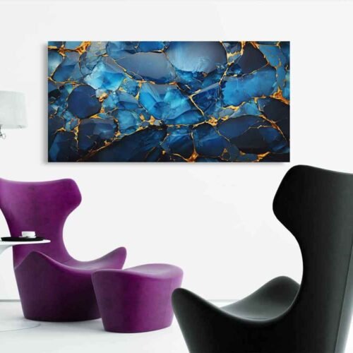 Shattered Sapphire and Gold Large Wall Art, Abstract Kintsugi Framed Canvas Wall Art, Jewel Tone Mineral Print