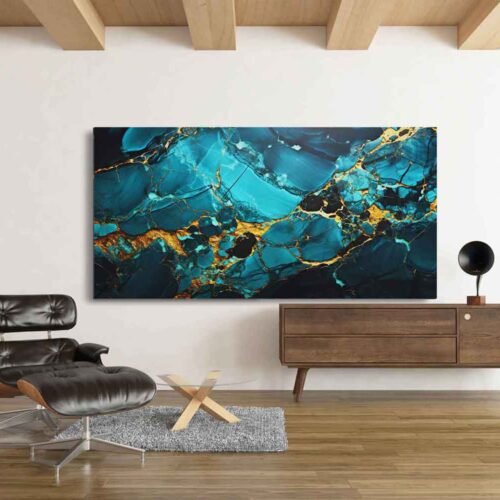 Teal Blue - Gold Marble Abstract Wall Art – Oversized Wall Art Decor for Stylish Spaces