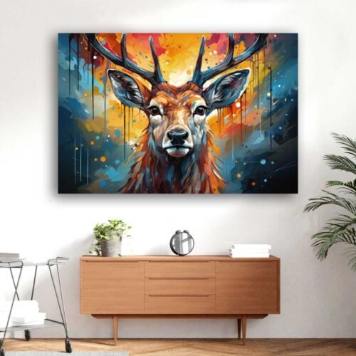 Abstract Stag Canvas Print – Modern Graffiti Paint Splash Deer Wall Art