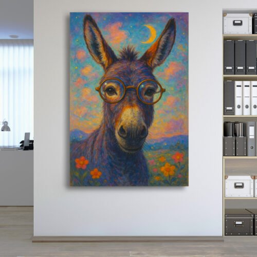 Funny Donkey Wearing Glasses Canvas Print – Whimsical Starry Night Animal Wall Art