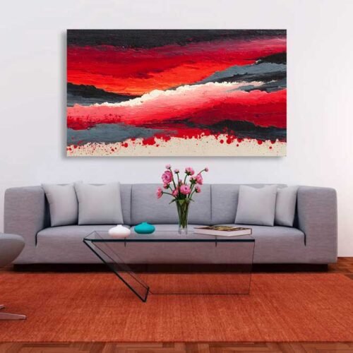Modern Abstract Crimson & Charcoal Wall Art - Horizontal Textured Impasto Canvas Print - Industrial Style Statement Piece for Living Room