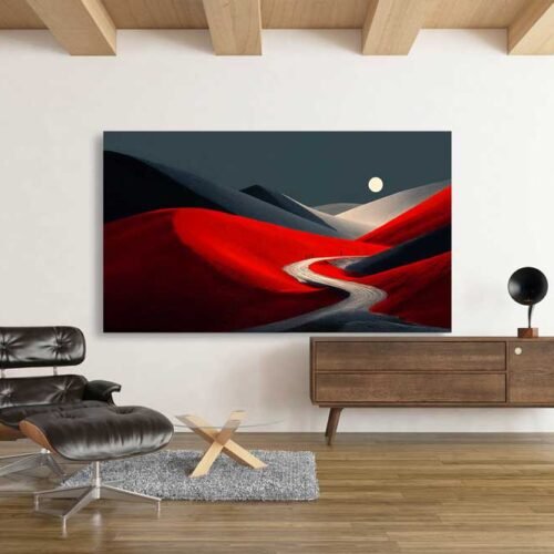 Crimson Desert Dunes Surrealist Wall Art - Wide Horizontal Abstract Landscape Canvas Print - Modern Minimalist Road to the Moon Decor for Living Room