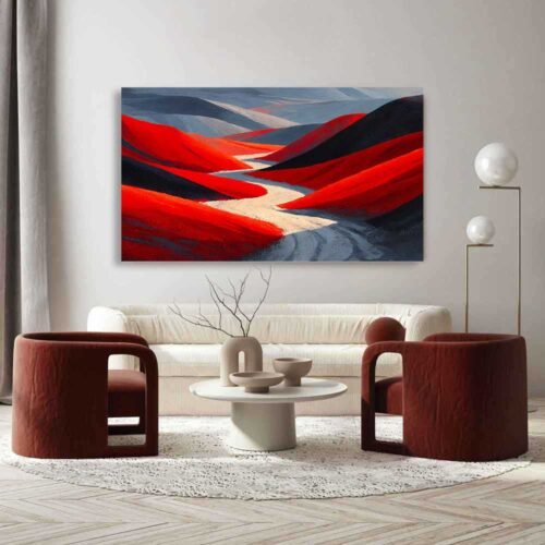Crimson Impasto Abstract Landscape Wall Art - Thick Textured Palette Knife Desert Hill Print - Panoramic Grey & Red Surrealist Canvas Painting