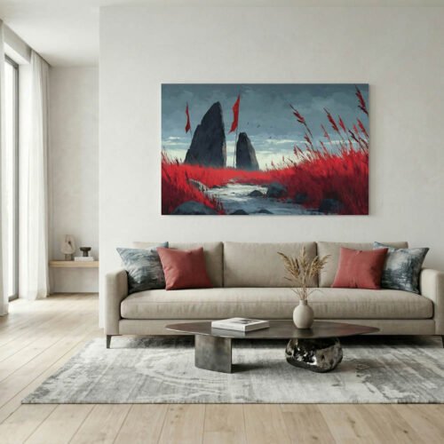 Cinematic Red Flags and Standing Stones Canvas Art - Surreal Monolith Path Wall Decor - Large Wide Moody Abstract Landscape Print for Living Room