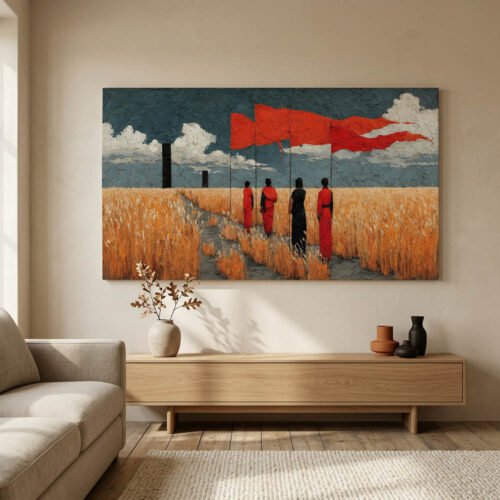 Gold Wheat Field & Red Robes Landscape Wall Art - Wide Panoramic Fantasy Statement Piece - Modern Surrealist Impasto Canvas Print for Living Room
