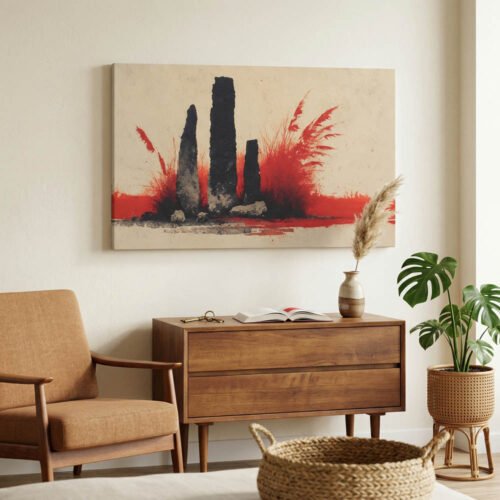 Vibrant Red Abstract Grass and Black Stone Canvas Art - Textured Impasto Style Print - Large Horizontal Minimalist Statement Piece for Living Room