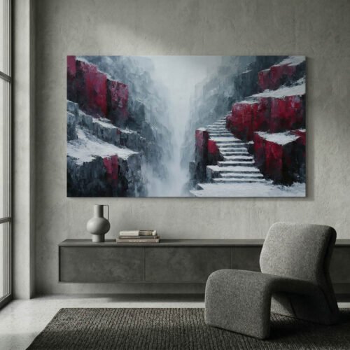 Misty Canyon with Stone Stairs Canvas Wall Art - Ethereal Red Rock Abstract Landscape Print - Moody Textured Mountain Statement Piece for Living Room