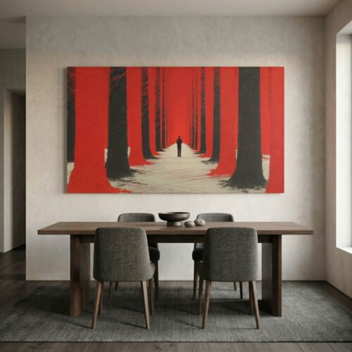 Modern Red Forest Canvas Wall Art - Abstract Symmetrical Black Trees Print - Surreal Lone Figure Statement Piece Ready to Hang