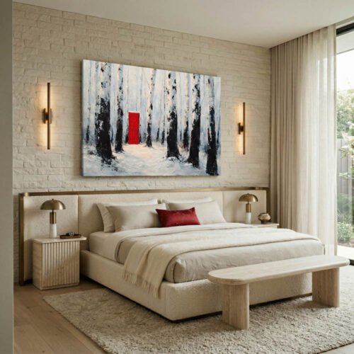 Impasto Red Door in Snowy Woods Canvas Wall Art - Thick Textured Palette Knife Forest Canvas - Whimsical Impressionist Nature Art for Modern Interiors