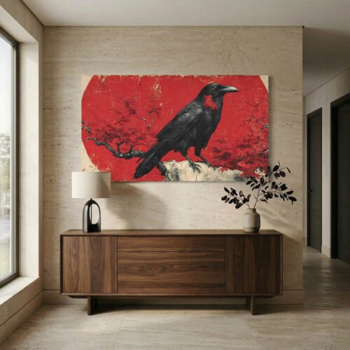 Japandi Red Maple Crow Wall Art - Moody Crimson Raven Canvas Print - Textured Palette Knife Bird Decor for Living Room or Office