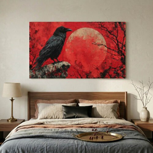 Vibrant Red Moon Raven Canvas Art - Textured Impasto Crow Wall Decor - Gothic Nature Statement Piece - Black and Red Bird Print Ready to Hang