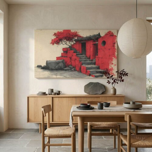 Japanese Red House Canvas Wall Art - Traditional Asian Architecture Print - Vibrant Red Maple Tree Zen Decor - Modern Chinoiserie Wall Art Ready to Hang