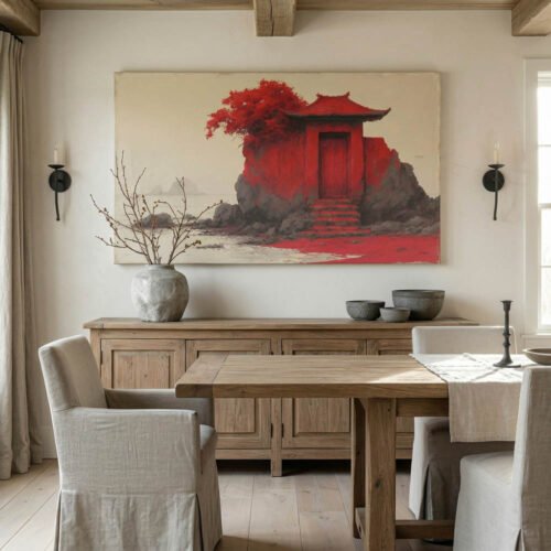 Japanese Red Pagoda Canvas Art - Zen Asian Coastal Landscape Print - Vibrant Red Tree Seaside Decor - Modern Oriental Art Ready to Hang