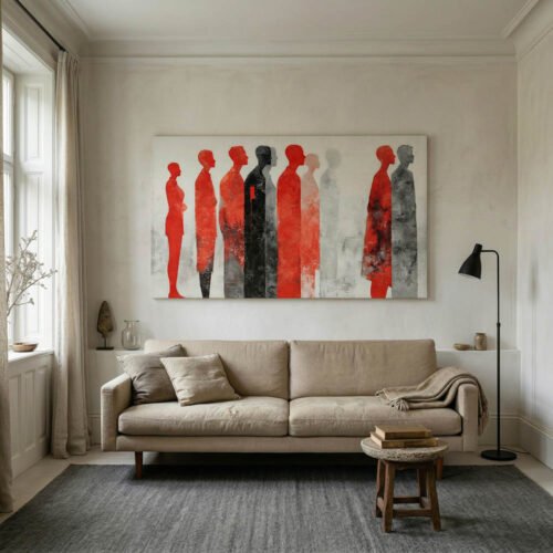 Minimalist Human Form Abstract Art - Textured Red and Black Crowd Silhouettes Canvas - Pensive Modern Expressionist Wall Decor