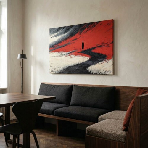 Moody Existential Lone Man Print on Canvas - Wide Horizontal Crimson & Charcoal Wall Art - Modern Surrealist Statement Piece for Living Room or Office